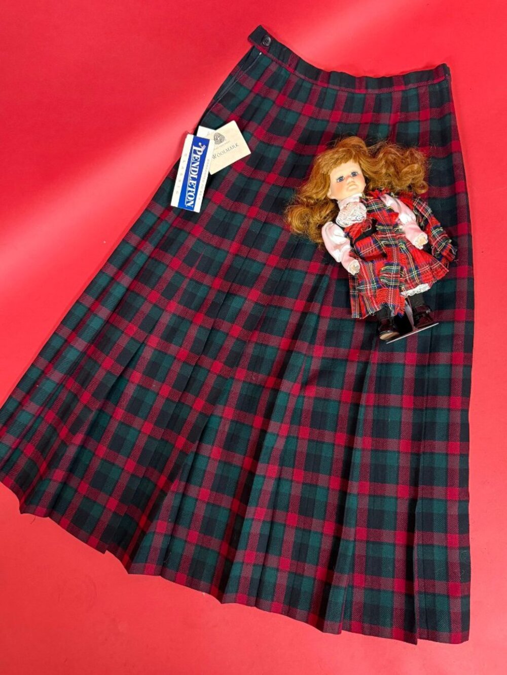 1980s Vintage Pendleton Tartan Skirt + Scottish Fashion Doll Gift Set